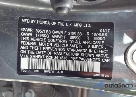 2017 Honda Civic Ex from USA, damaged, VIN SHHFK7H52HU414616